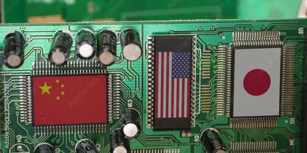 Chip, processor, chip set and CPU manufacturing countries of the World. Flags of China, USA