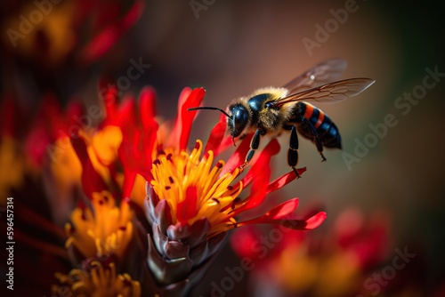 Close up of a Bee Flying to a Red Flower, Macro Photography. Generative AI
