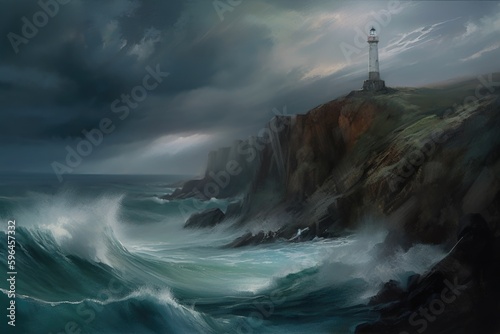 Digital painting of stormy coast with a lighthouse, Generative AI