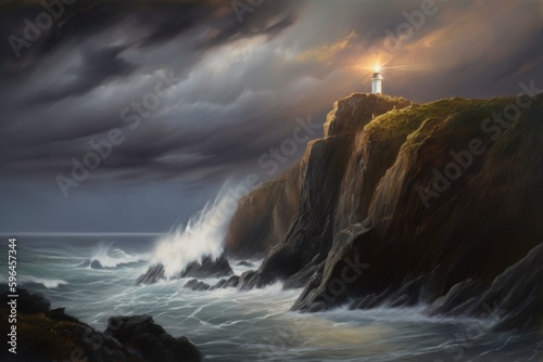 Digital painting of stormy coast with a lighthouse, Generative AI © Jan