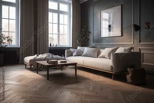 Comfortable, minimalist apartment featuring a cozy sofa and warm wooden flooring. Generative AI