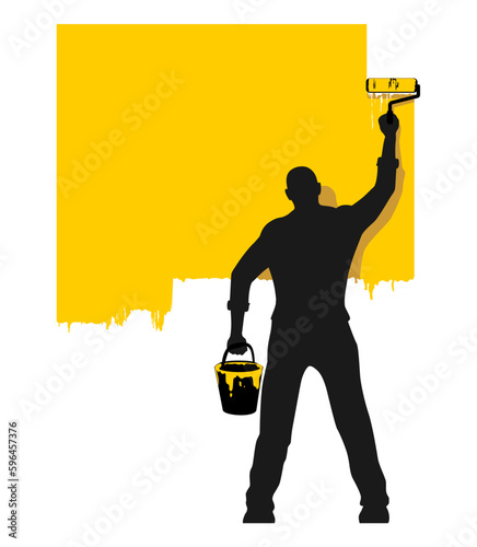 Painter man painting wall with roller brush. Vector template for you text on transparent background