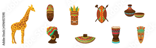 Authentic Symbols of Africa with Ornamental Shield, Mask, Woman Head and Giraffe Vector Set