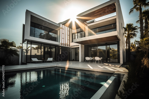 House or super villa with swimming pool. Very expensive and exclusive real estate summer home with beautiful architecture. Ai generated © dragomirescu