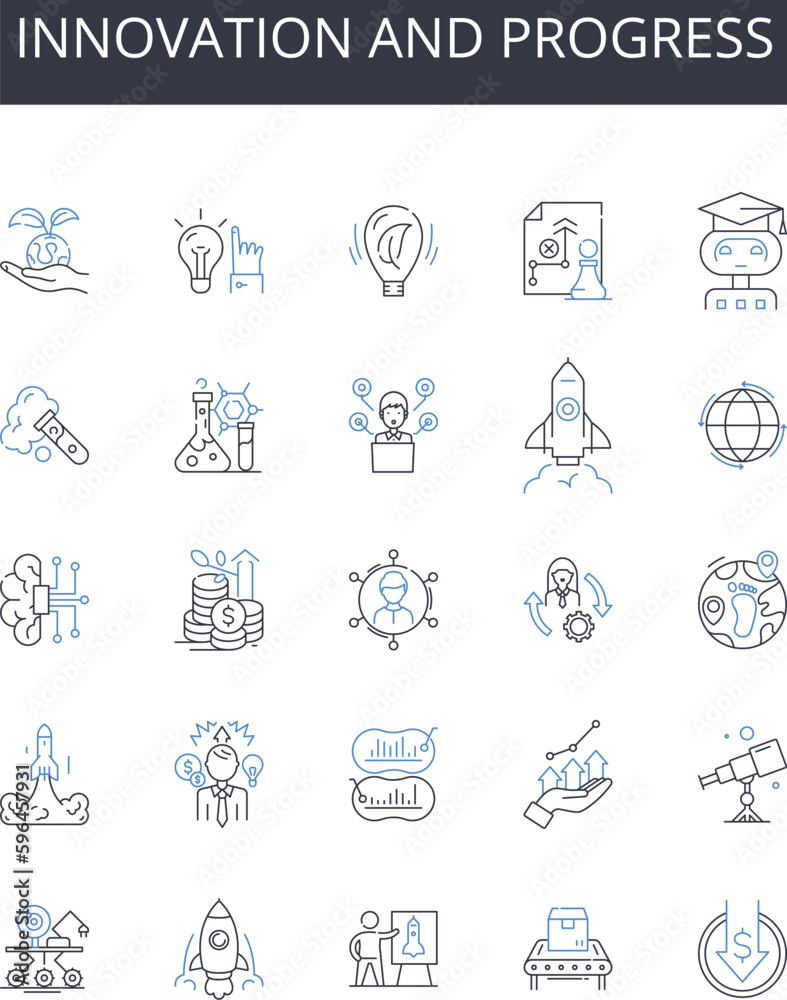 Innovation and progress line icons collection. Improvement, Advancement, Development, Modernization, Growth, Evolution, Change vector and linear illustration. Generative AI Innovation and progress line icons collection. Improvement, Advancement, Development, Modernization, Growth, Evolution, Change vector and linear illustration. Generative AI