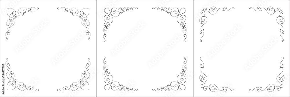 Set of three vector frames. Elegant black and white monochrome ornamental border for greeting cards, banners, invitations. Vector frame for all sizes and formats. Isolated vector illustration.