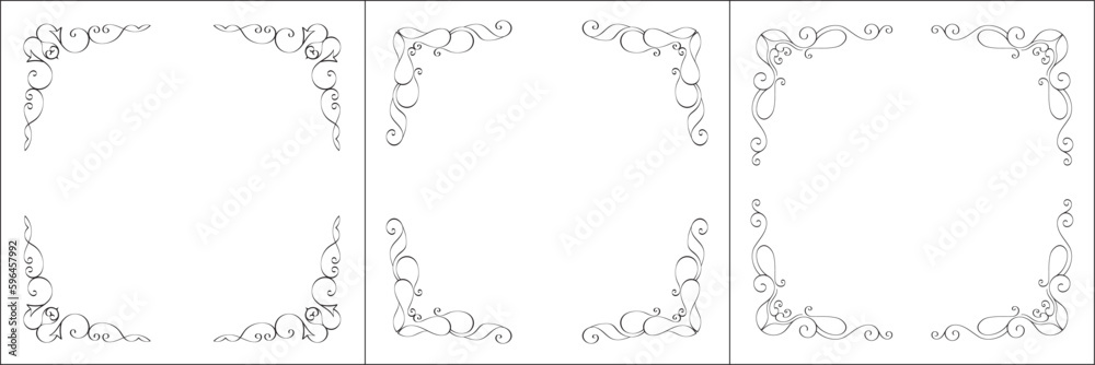 Set of three vector frames. Elegant black and white monochrome ornamental border for greeting cards, banners, invitations. Vector frame for all sizes and formats. Isolated vector illustration. Set of three vector frames. Elegant black and white monochrome ornamental border for greeting cards, banners, invitations. Vector frame for all sizes and formats. Isolated vector illustration.