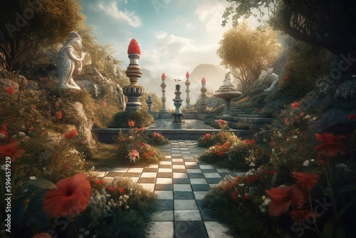 Illustration of a labyrinthine garden with chess, a golden flamingo, red-flowered trees, and clouds above. Alice in Wonderland theme. Generative AI