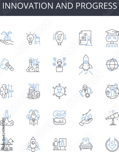 Innovation and progress line icons collection. Improvement, Advancement, Development, Modernization, Growth, Evolution, Change vector and linear illustration. Generative AI