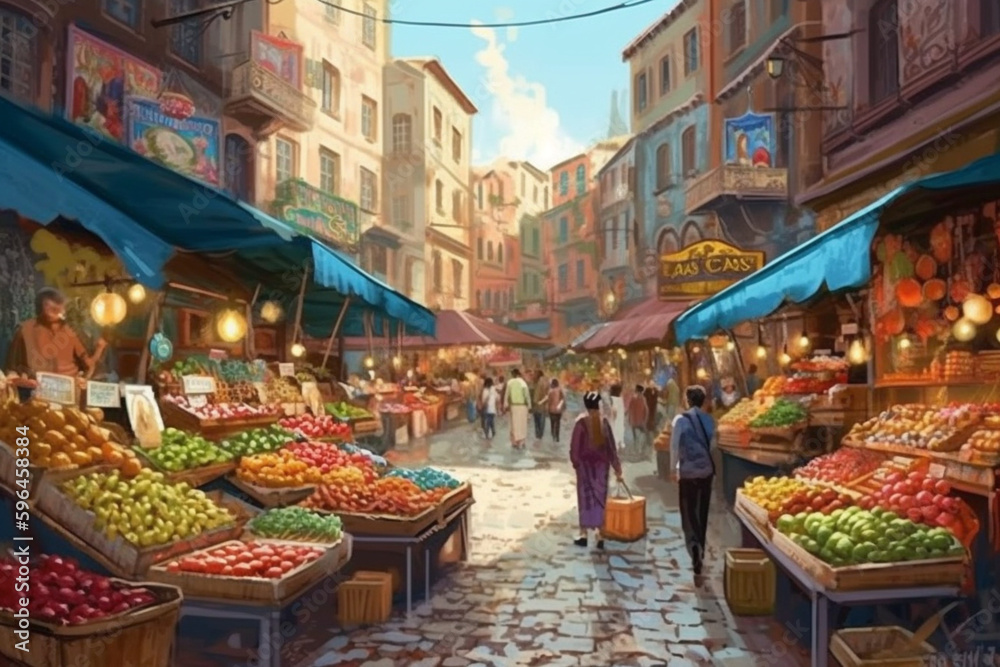 colorfull digital painting of a turkey bazar , Generative AI