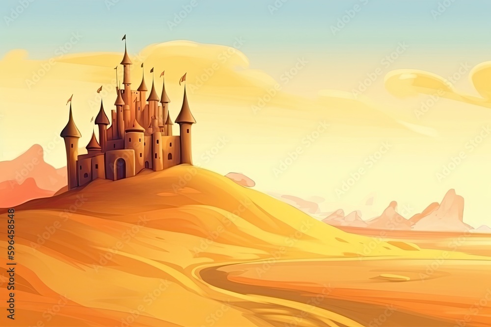 majestic castle standing alone in a vast and barren desert landscape. Generative AI
