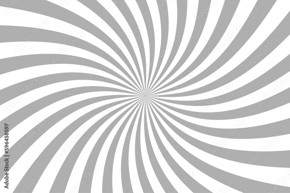 Ray twist light. Greys trips isolated on white background. Radial waves line. Pattern curved. Comic spinning. Effect curves rays. Abstract concentration stripe. Cartoons style. Vector illustration - obrazy, fototapety, plakaty 