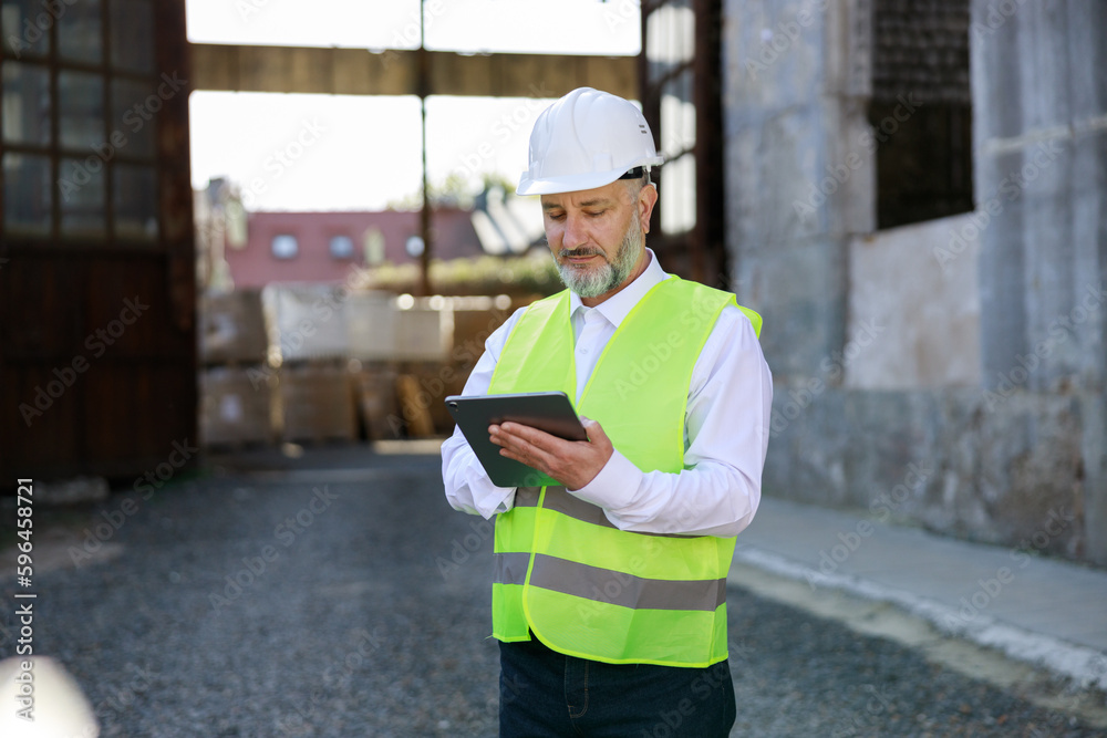 Architect in white hard hat and reflective vest standing, working on digital tablet at building site. High skilled mature builder using modern gadgets during construction work. Architect in white hard hat and reflective vest standing, working on digital tablet at building site. High skilled mature builder using modern gadgets during construction work.