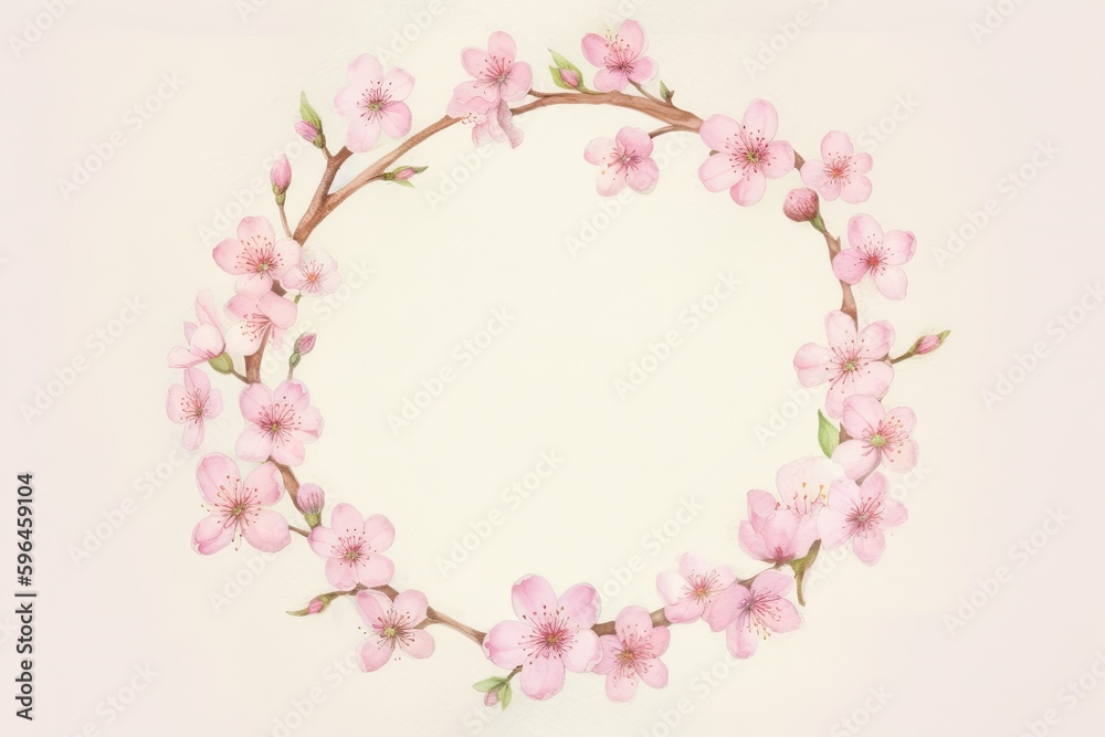 pink floral wreath on a white background. Generative AI