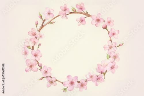 pink floral wreath on a white background. Generative AI