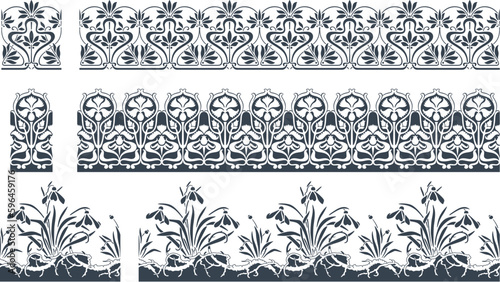 set/collection of three seamlessly tiling elegant floral art nouveau borders, classic vector design elements
