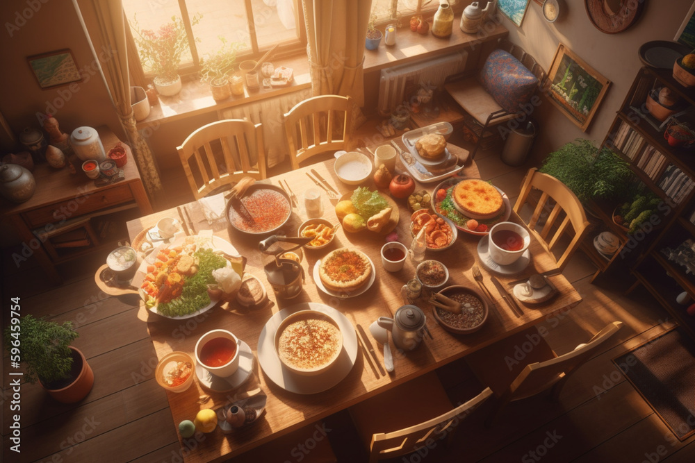 table full of food cute Isometric view of the room 3d , Generative AI