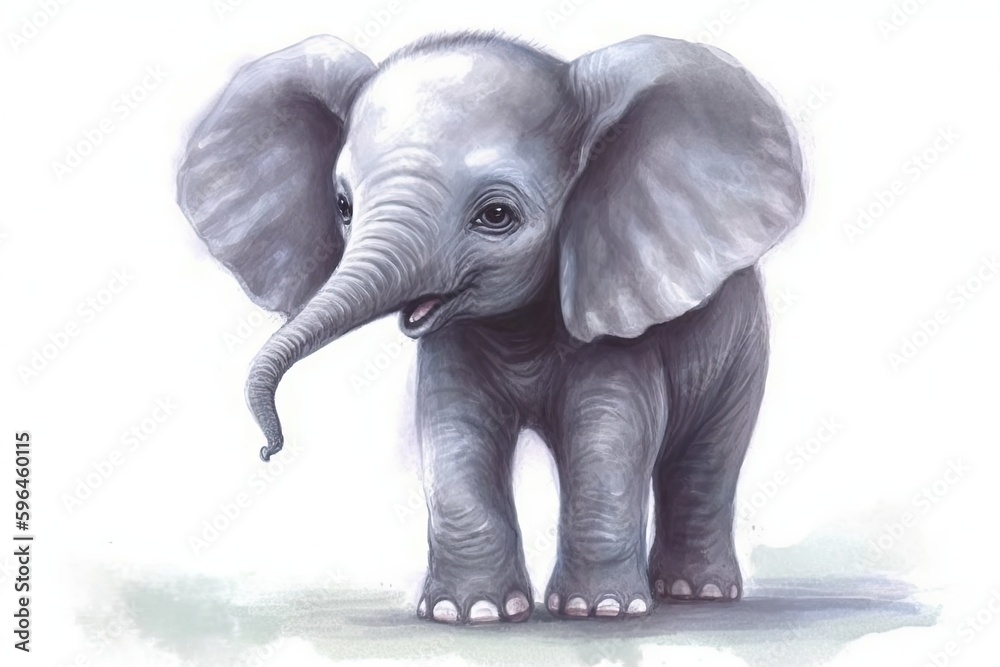 baby elephant standing on a green field with trees and blue sky in the background. Generative AI