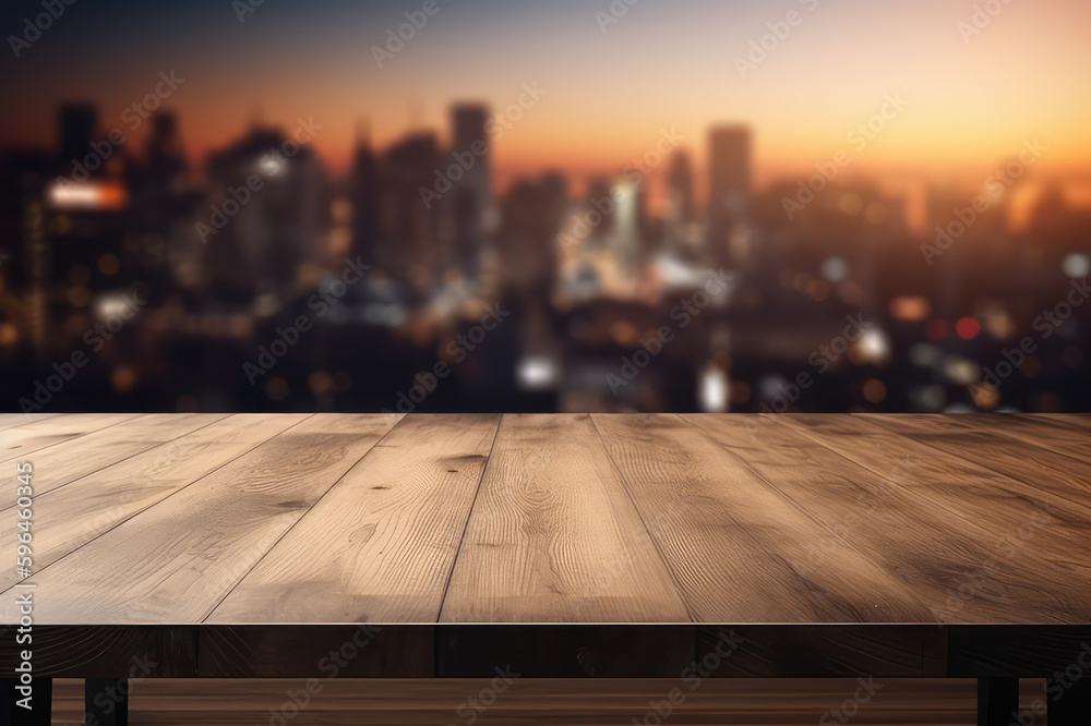 wooden table on blurry city at night, generative AI wooden table on blurry city at night, generative AI