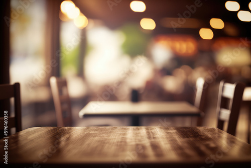 wooden table with blurry restaurant background, generative AI © RickyRynselo