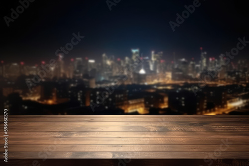 wooden table on blurry city at night  generative AI