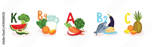 Food Enriched with Vitamins and Minerals Group Vector Set