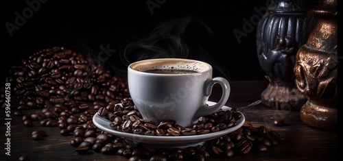 Top view of Cup of coffee on dark background. Generative AI 