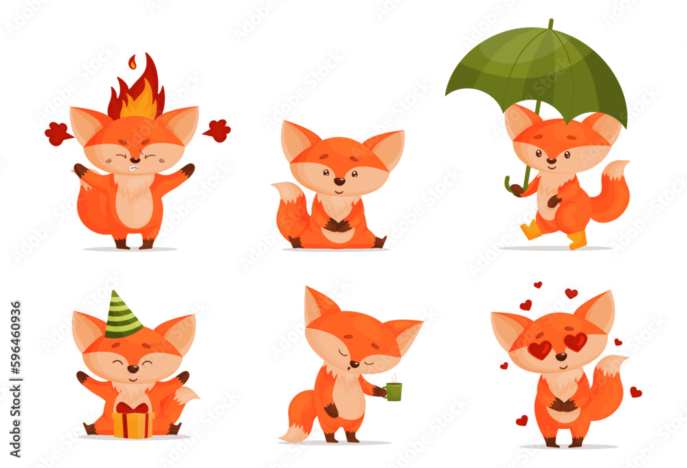 Obraz premium Set of baby foxes with different emotions, love, anger, sleepy.. Drawn in cartoon style. Vector illustration for designs, prints and patterns. Isolated on white background