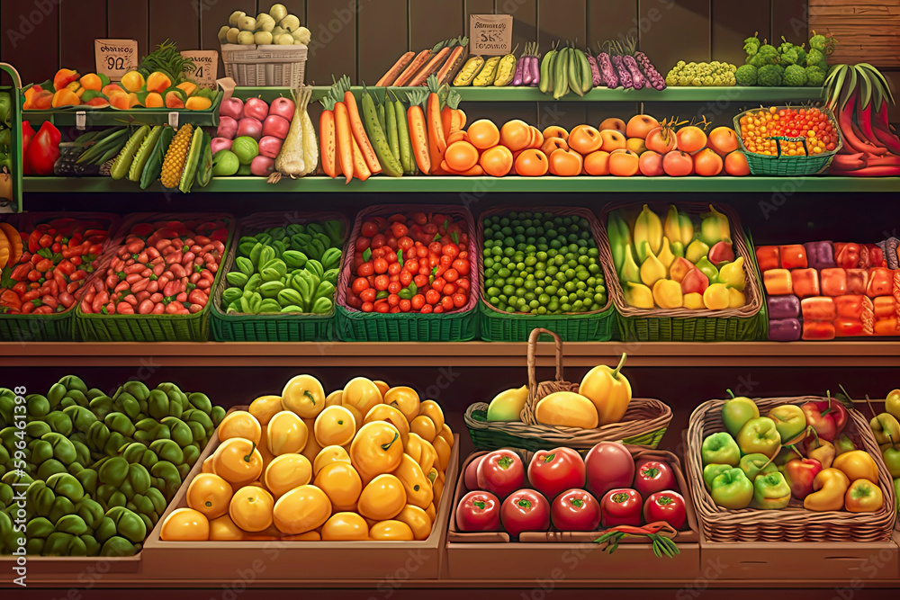 Image generated with AI. Exhibition of vegetables and fruits in supermarket