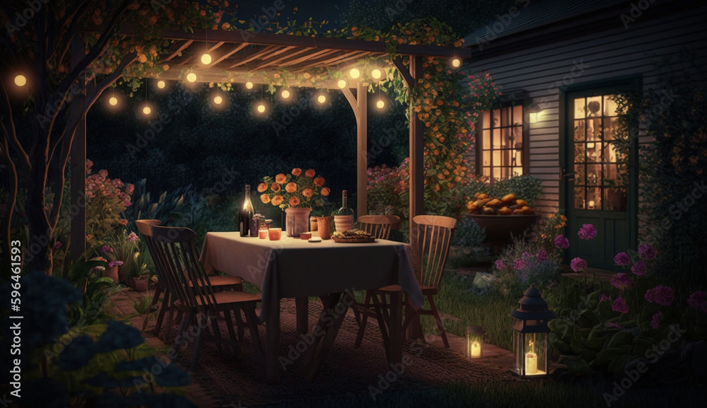 Cozy backyard area during nighttime dining table and decor , Generative AI