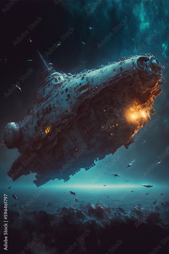 A eerie ghost spaceship soaring through outer space between floating