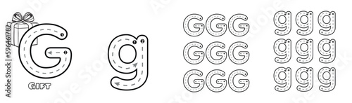 Letter G trace uppercase and lowercase ABC alphabet worksheet for kids English vocabulary. Handwriting tracing practice vector illustration