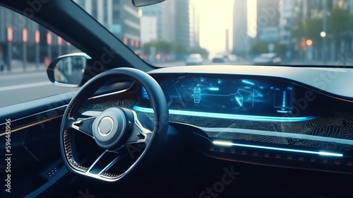 Autonomous car with HUD (Head Up Display). Self-driving vehicle on city street