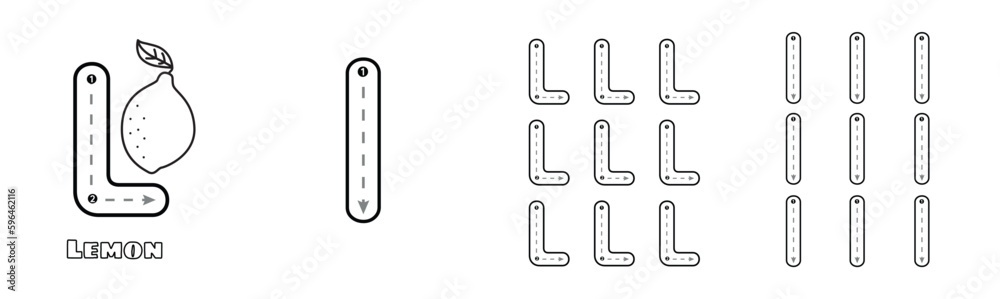 Letter L trace uppercase and lowercase ABC alphabet worksheet for kids English vocabulary. Handwriting tracing practice vector illustration Letter L trace uppercase and lowercase ABC alphabet worksheet for kids English vocabulary. Handwriting tracing practice vector illustration