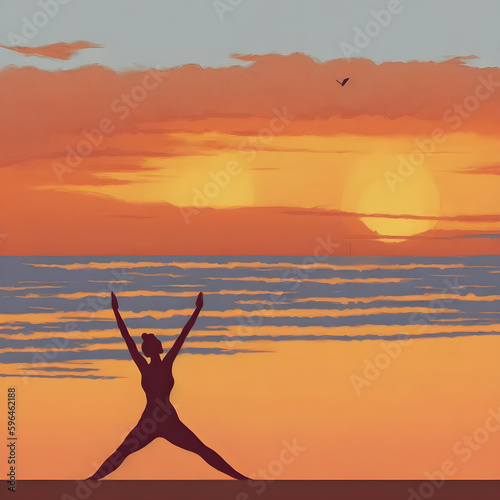 A beautiful orange sunset silhouettes a lone figure peacefully practicing yoga by the tranquil sea, finding tranquility breathtaking beauty. image generated by artificial intelligence