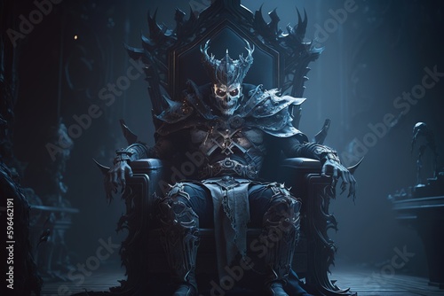 Fotografija An eerie dark fantasy throne room with a dark lich lord siting at the center, fa