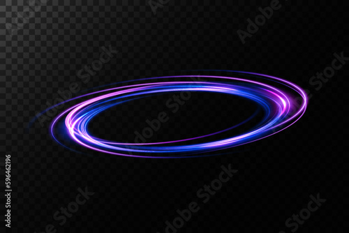 Magic fantasy portal. Round light frame, Futuristic teleport. light effect. Blue, purple, neon lights illuminate the night scene with sparks on a transparent background. Light effect of an empty podiu
