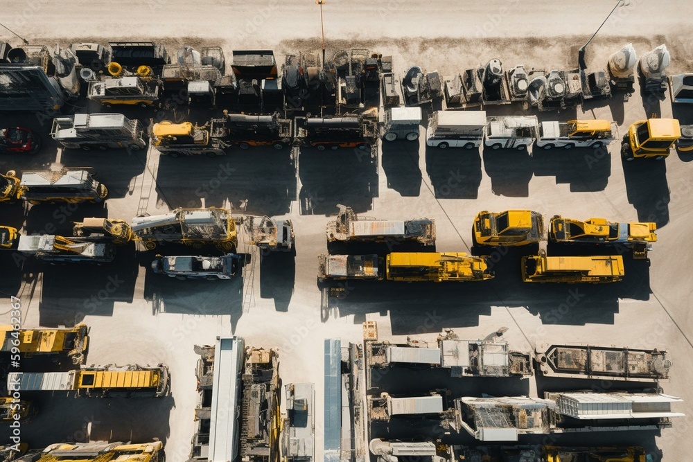 Machinery in isolated groups on aerial parking lot. Generative AI