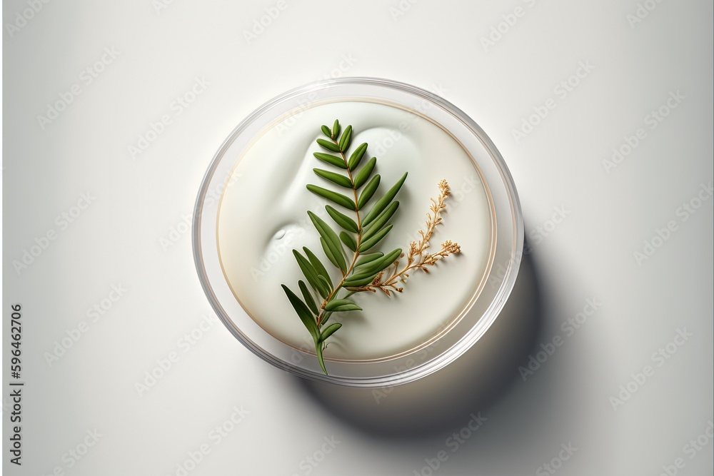 Natural face cream in a petri dish on a white table and plant branches, top down - obrazy, fototapety, plakaty 