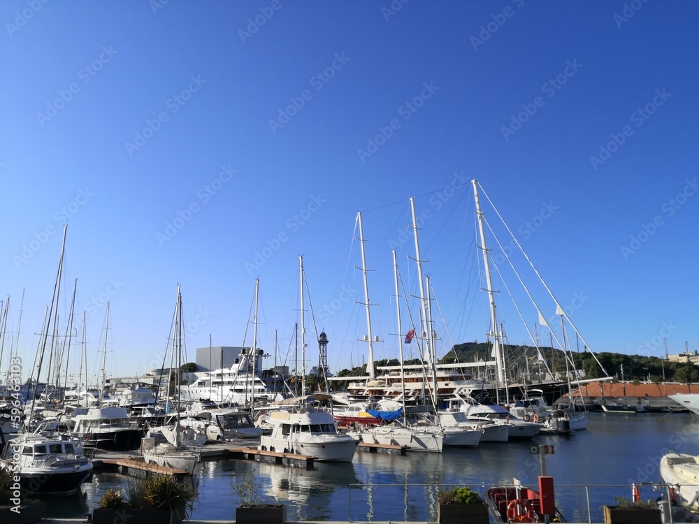 Yachts and boats parked in the marina summer blue sky, Lanzarote, Canary Islands, Spain