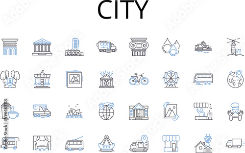 City line icons collection. Town, Metropolis, Capital, Municipality, Township, Settlement, Conurbation vector and linear illustration. Urban area,Village,Hamlet outline signs set Generative AI