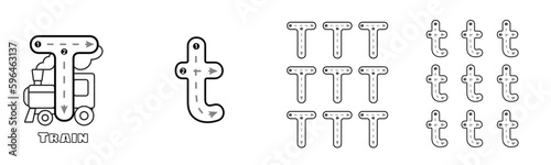 Letter T trace uppercase and lowercase ABC alphabet worksheet for kids English vocabulary. Handwriting tracing practice vector illustration