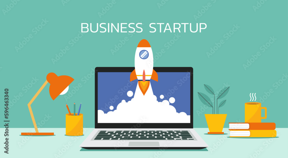 Rocket coming out of laptop screen for business startup launch concept ...