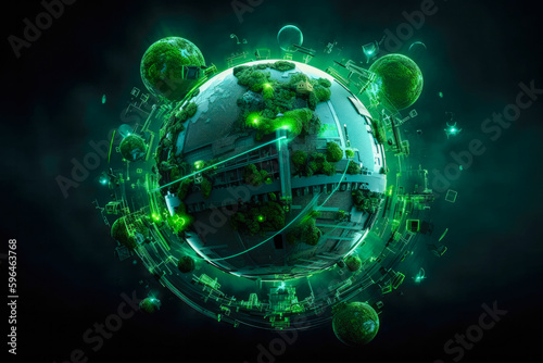 A green sphere and different ecology theme icons around it, in the style of environmental awareness. Generative AI