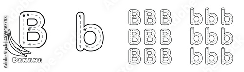 Letter B trace uppercase and lowercase ABC alphabet worksheet for kids English vocabulary. Handwriting tracing practice vector illustration