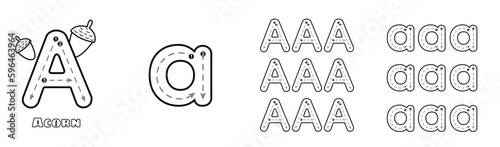 Letter A trace uppercase and lowercase ABC alphabet worksheet for kids English vocabulary. Handwriting tracing practice vector illustration