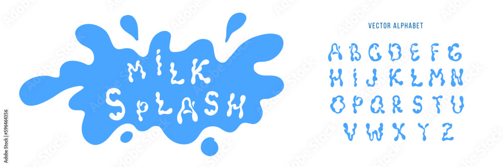 Flat blue milk splash and blot alphabet isolated on white background. Vector illustration for logo, icon, product desig, advertising, baby t-shirt print Flat blue milk splash and blot alphabet isolated on white background. Vector illustration for logo, icon, product desig, advertising, baby t-shirt print