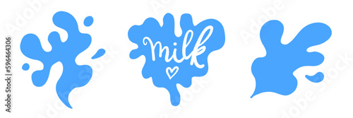 Set flat blue milk splash and blot with text Milk. Isolated vector shapes on white background for logo, icon, product desig, advertising, baby t-shirt print