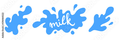 Set flat blue milk splash and blot with text Milk. Isolated vector shapes on white background for logo, icon, product desig, advertising, baby t-shirt print