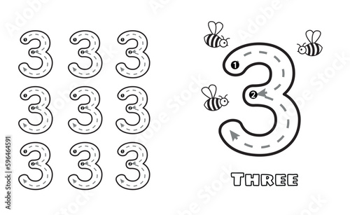 Number Three trace practice worksheet for prek kids and toddlers. Handwriting preschool kindergarten tracing vector illustration